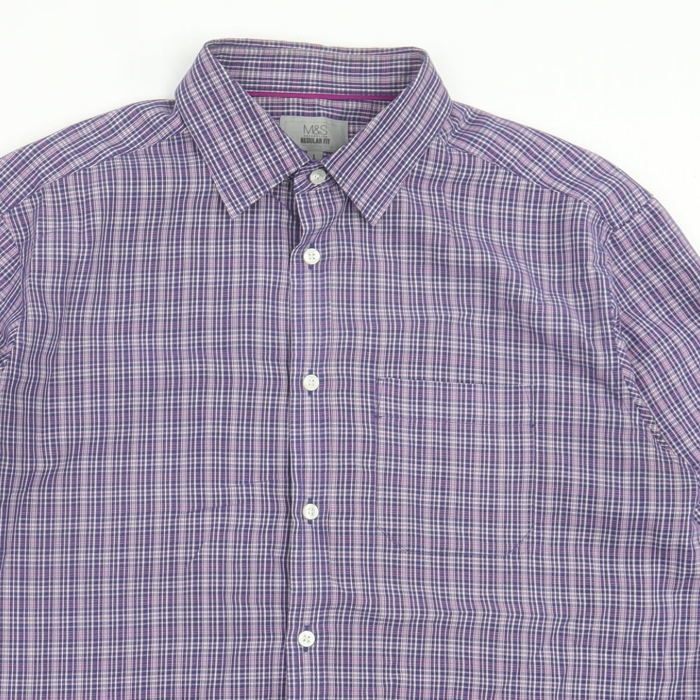 Marks and Spencer Mens Purple Plaid Modal Button-Up Size L Collared Button - Pocket Detail