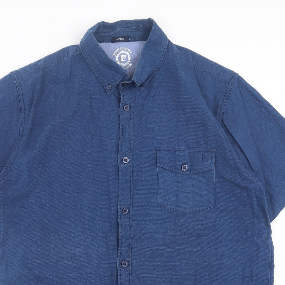 Pierre Cardin Mens Blue Cotton Button-Up Size XL Collared Button - Pocket Detail