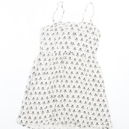 H&M Womens White Floral Viscose A-Line Size 8 Scoop Neck Zip