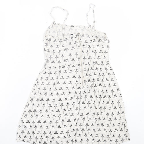 H&M Womens White Floral Viscose A-Line Size 8 Scoop Neck Zip