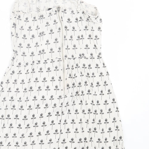 H&M Womens White Floral Viscose A-Line Size 8 Scoop Neck Zip