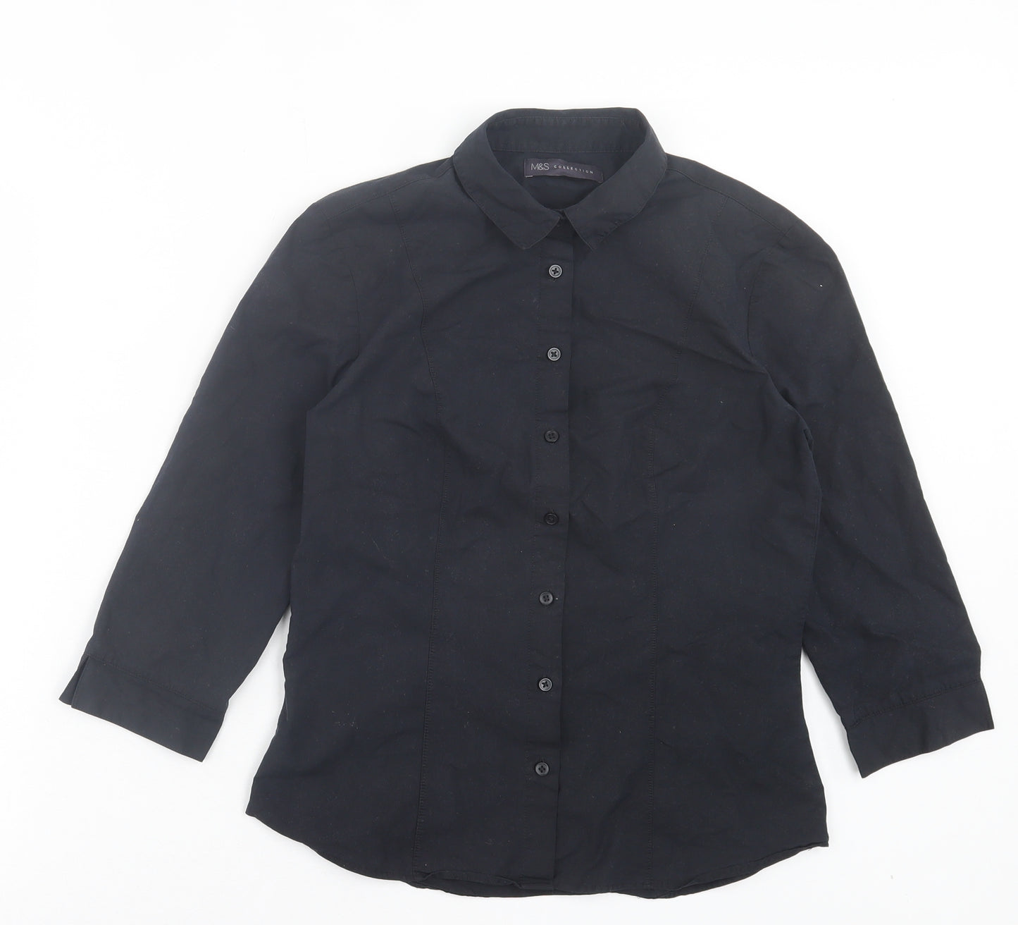 Marks and Spencer Womens Black Cotton Basic Button-Up Size 8 Collared