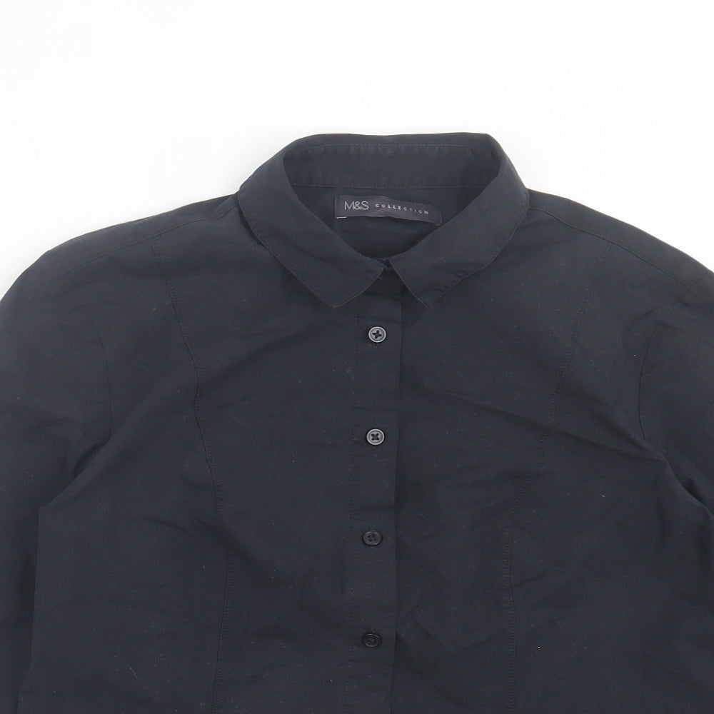 Marks and Spencer Womens Black Cotton Basic Button-Up Size 8 Collared