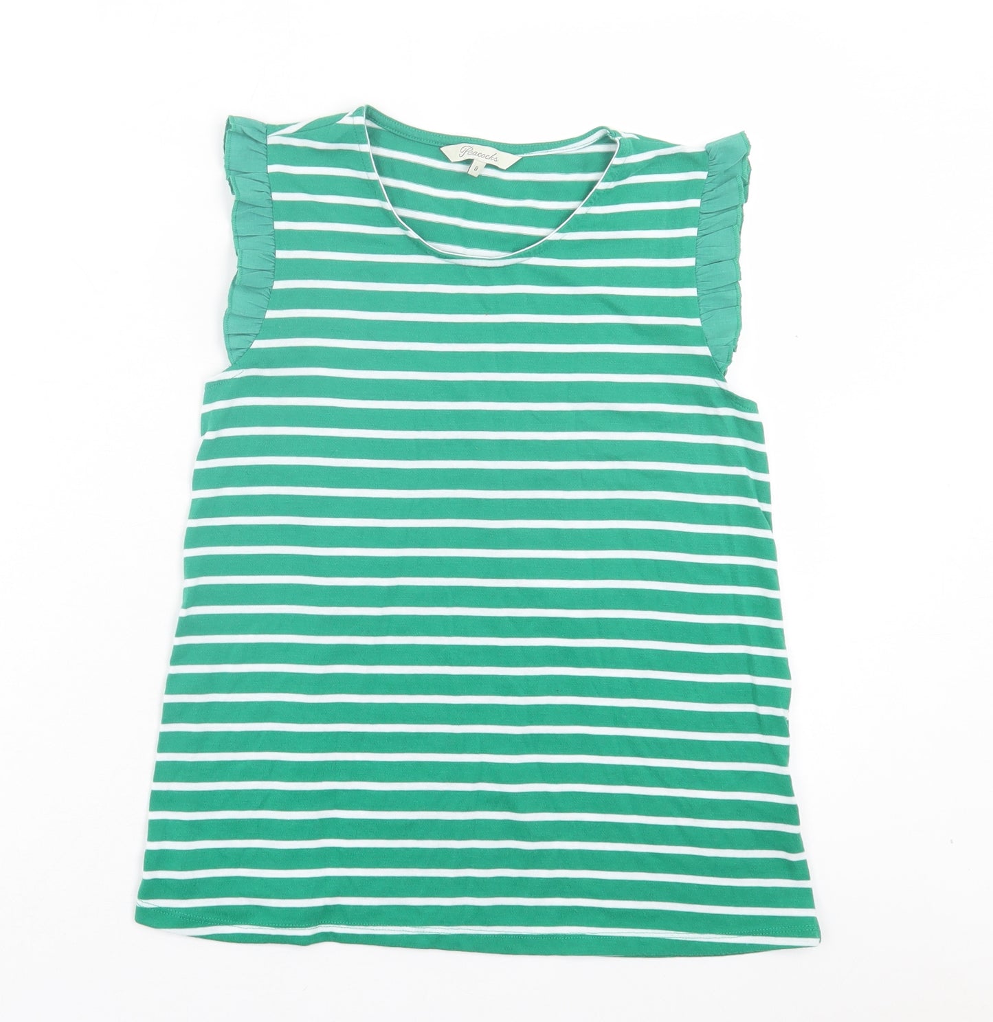 Peacocks Womens Green Striped Polyester Basic T-Shirt Size 8 Crew Neck