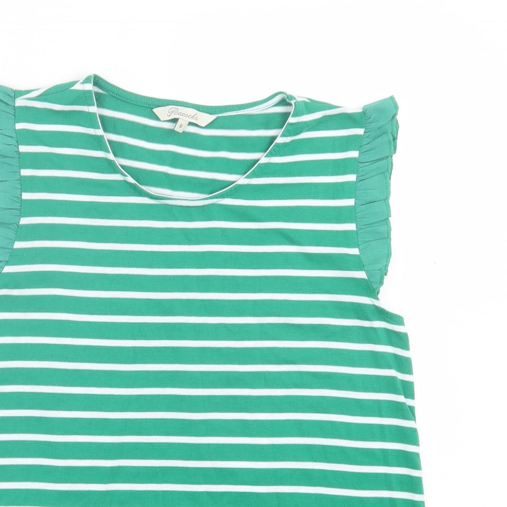 Peacocks Womens Green Striped Polyester Basic T-Shirt Size 8 Crew Neck