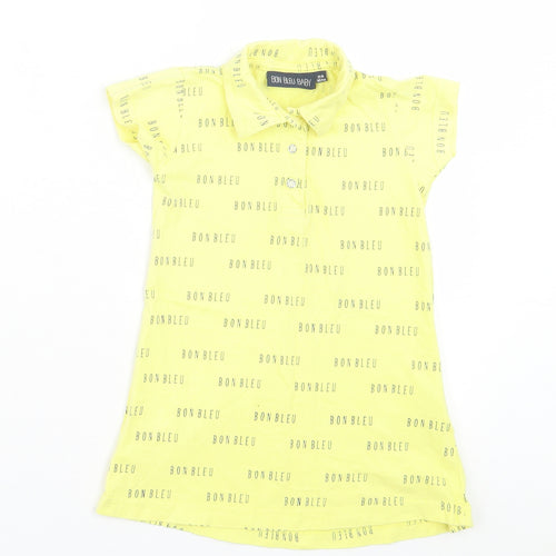 Bon Bleu Girls Yellow Geometric Cotton Shirt Dress Size 24 Months Collared Button