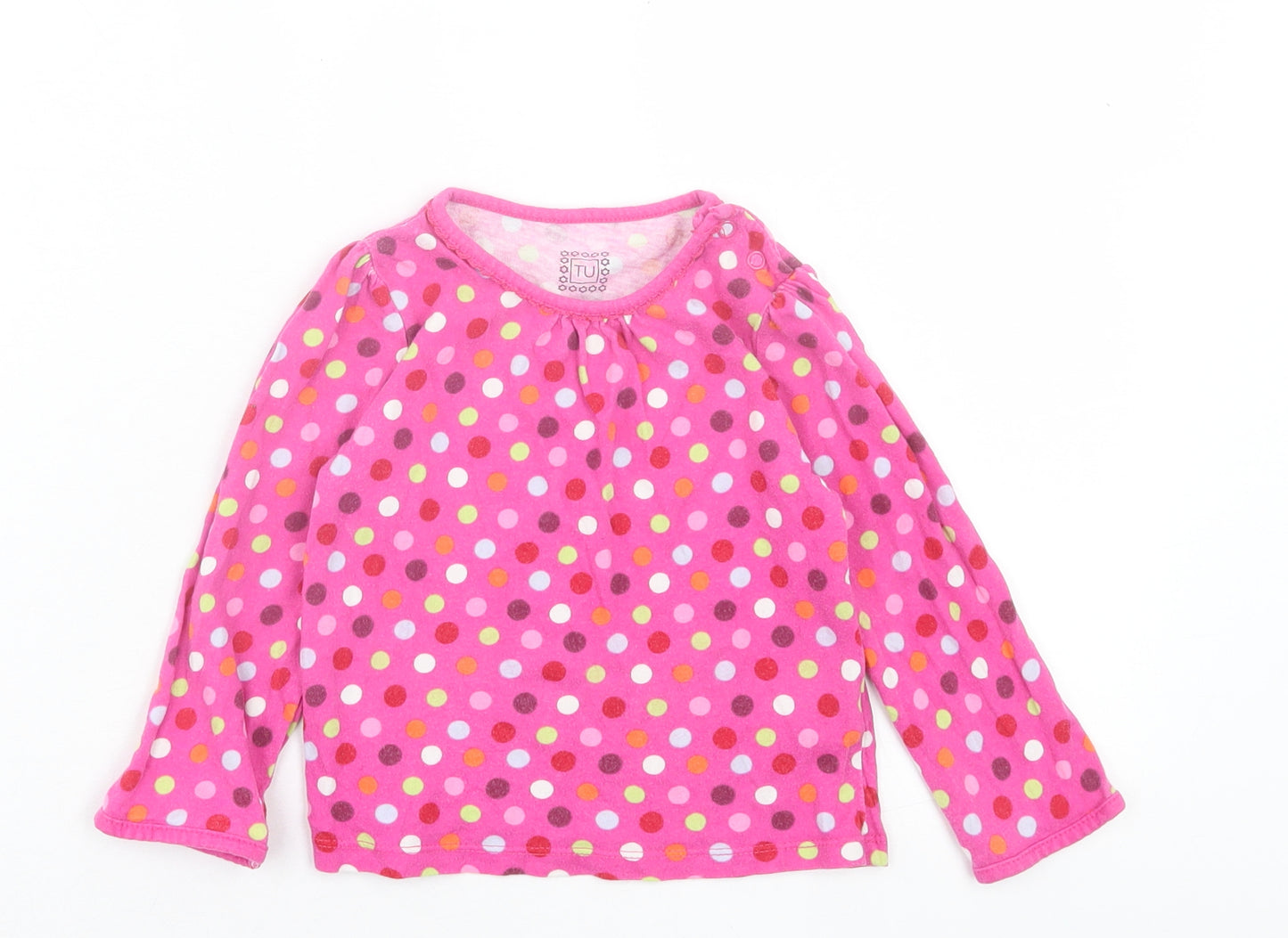 TU Girls Pink Polka Dot Cotton Basic Casual Size 2 Years Crew Neck Button