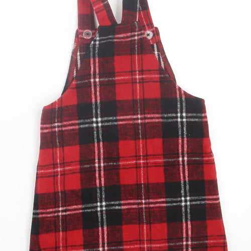 Matalan Girls Red Plaid Polyester Pinafore/Dungaree Dress Size 5 Years Square Neck Button