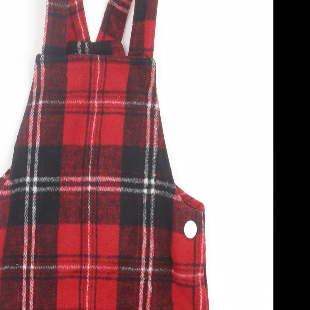Matalan Girls Red Plaid Polyester Pinafore/Dungaree Dress Size 5 Years Square Neck Button