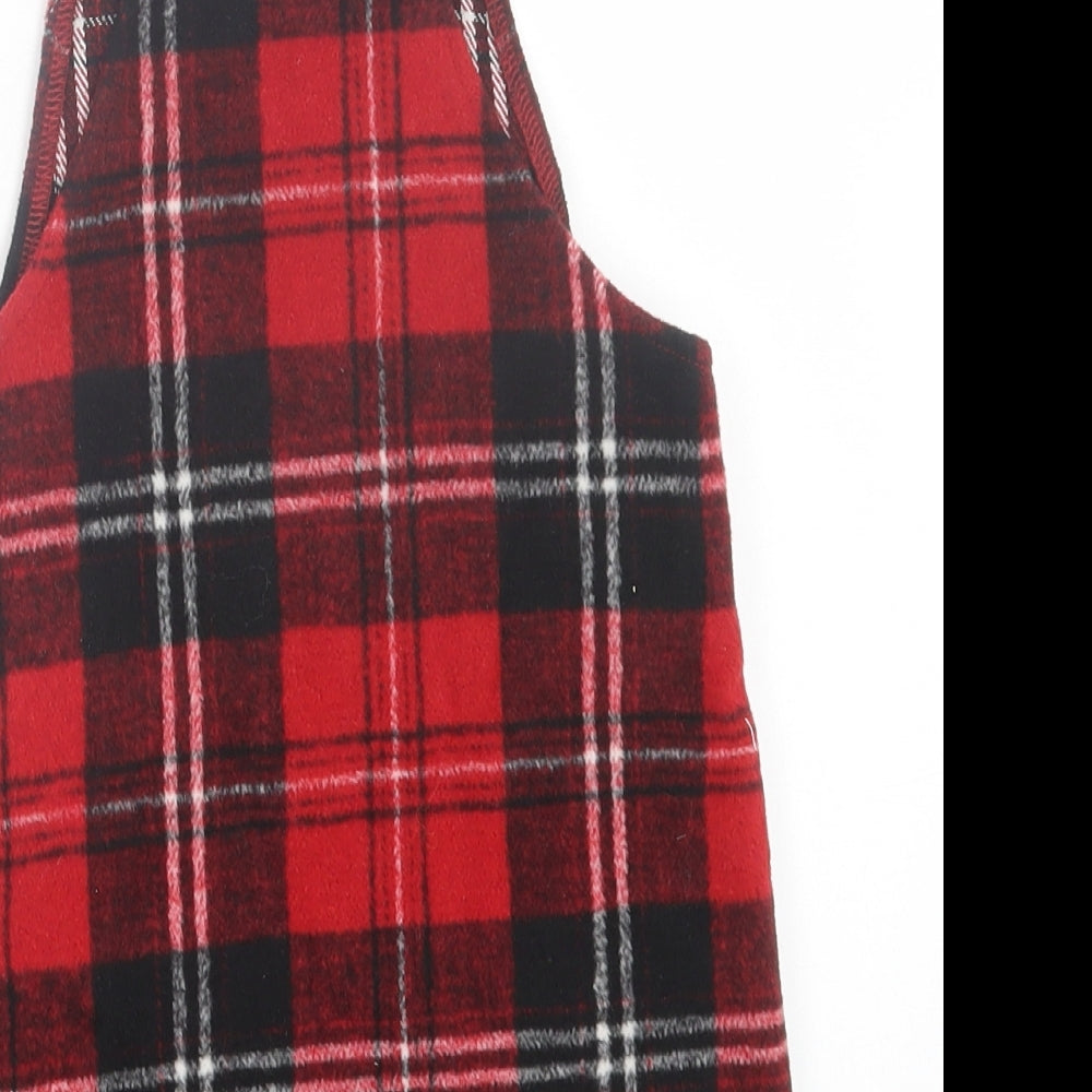 Matalan Girls Red Plaid Polyester Pinafore/Dungaree Dress Size 5 Years Square Neck Button