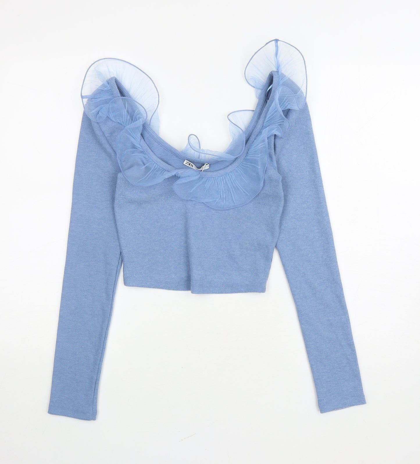 Zara Womens Blue Polyester Cropped T-Shirt Size M Scoop Neck - ruffle