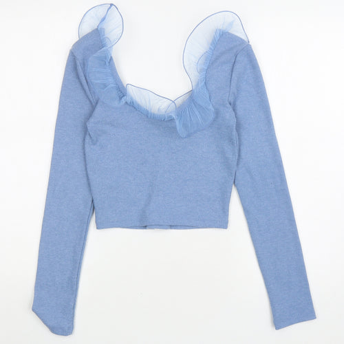 Zara Womens Blue Polyester Cropped T-Shirt Size M Scoop Neck - ruffle