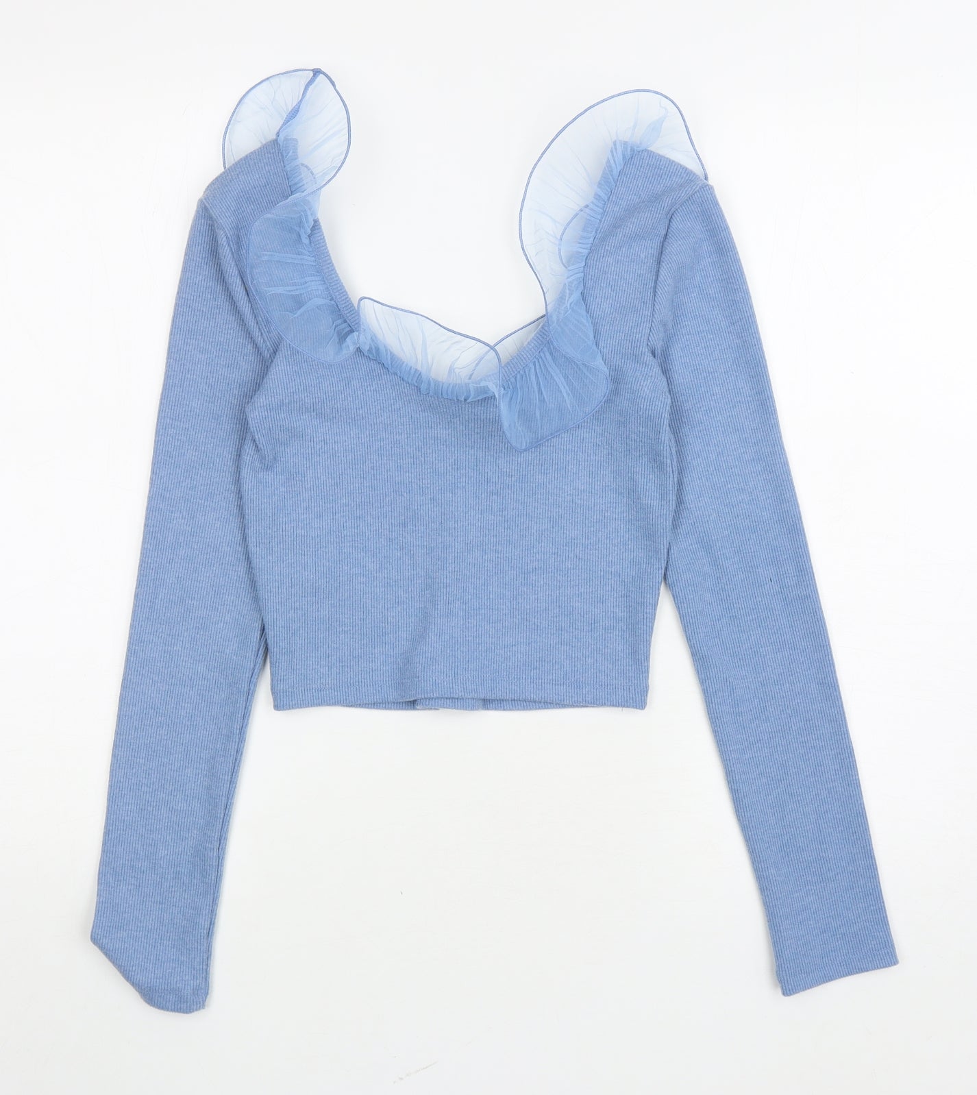 Zara Womens Blue Polyester Cropped T-Shirt Size M Scoop Neck - ruffle