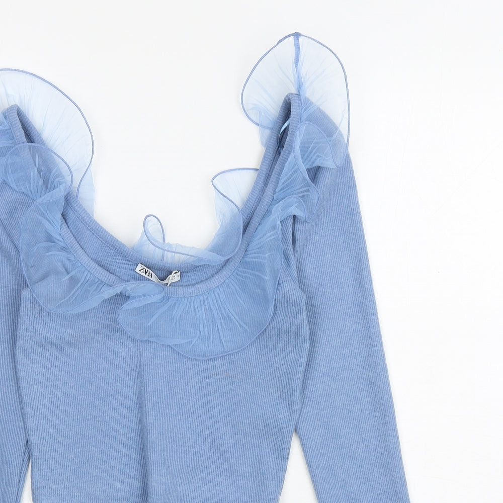 Zara Womens Blue Polyester Cropped T-Shirt Size M Scoop Neck - ruffle