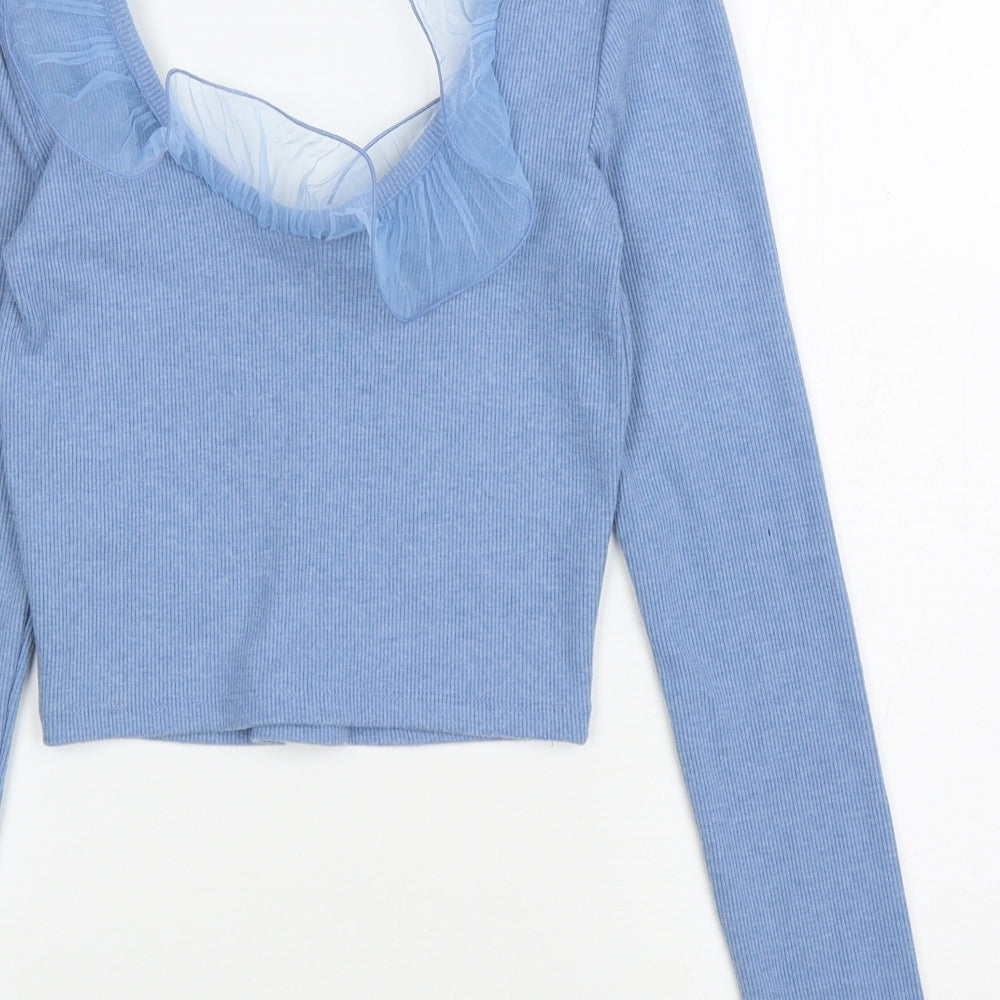 Zara Womens Blue Polyester Cropped T-Shirt Size M Scoop Neck - ruffle