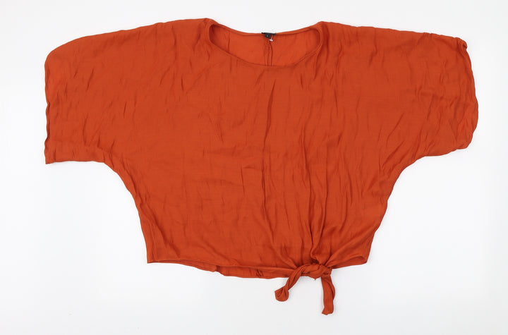 River Island Womens Orange Viscose Basic T-Shirt Size S Round Neck - Tie Detail