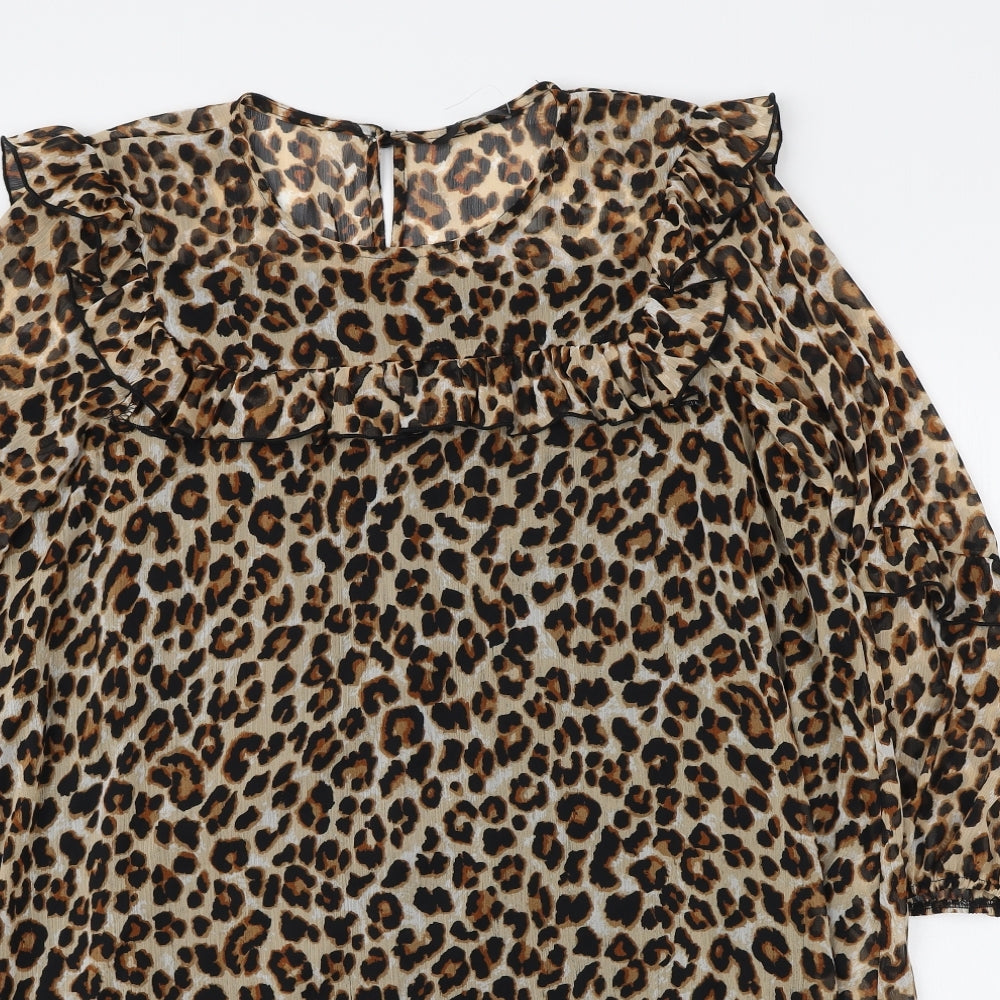 George Womens Brown Animal Print Polyester Basic Blouse Size 16 Round Neck