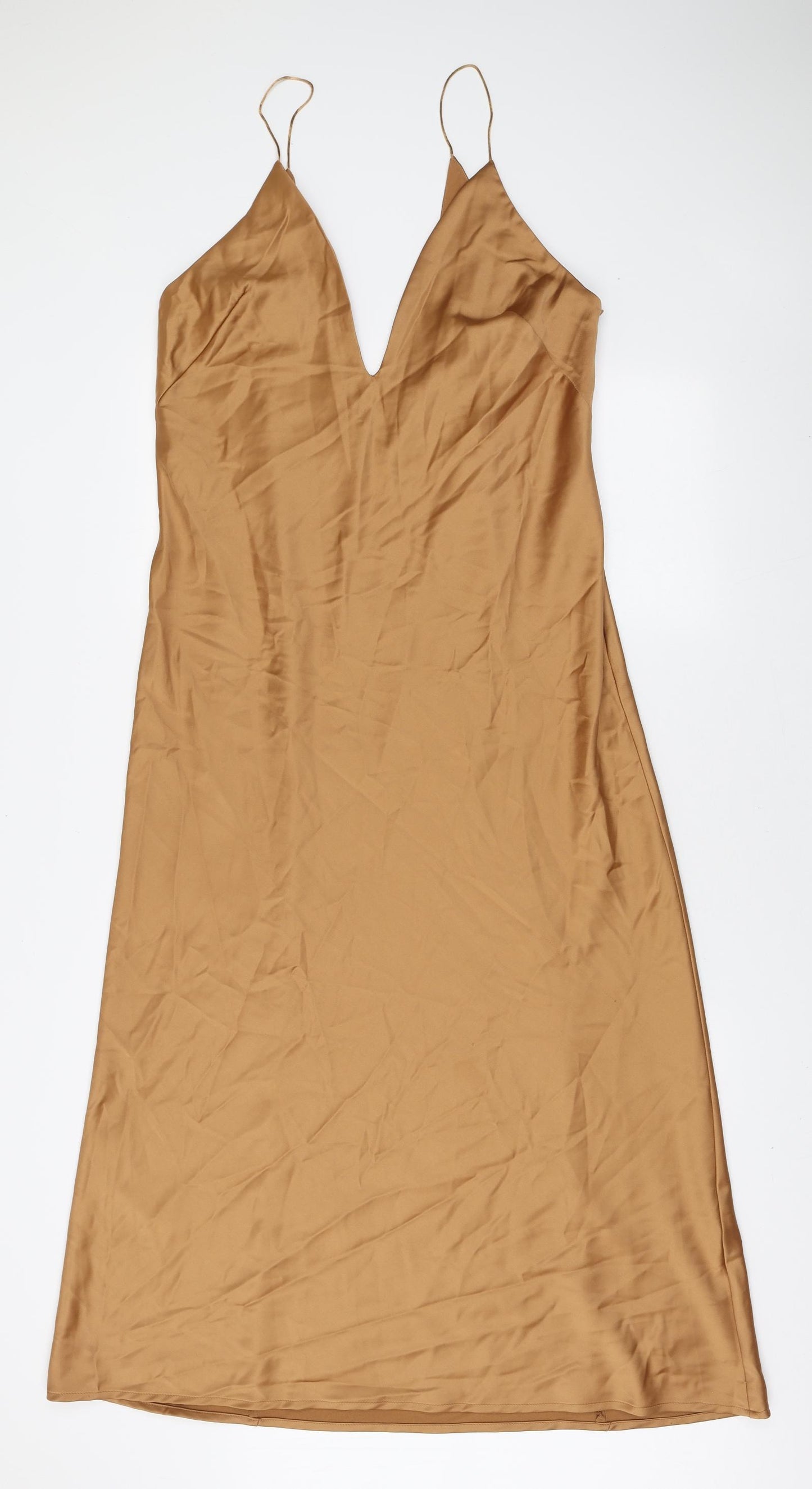 Zara Womens Gold Polyester Slip Dress Size XL V-Neck Zip