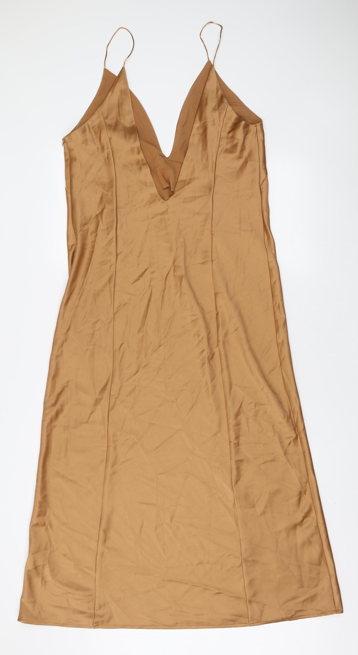 Zara Womens Gold Polyester Slip Dress Size XL V-Neck Zip