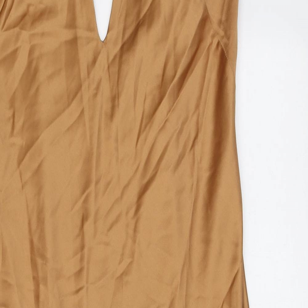 Zara Womens Gold Polyester Slip Dress Size XL V-Neck Zip