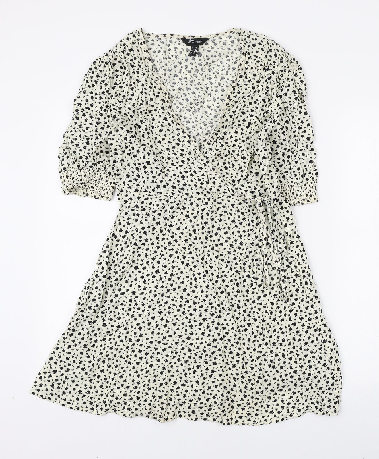 New Look Womens Ivory Floral Viscose Wrap Dress Size 12 V-Neck Tie