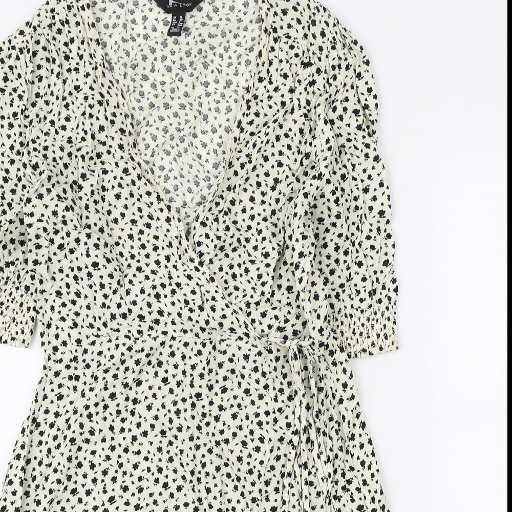 New Look Womens Ivory Floral Viscose Wrap Dress Size 12 V-Neck Tie