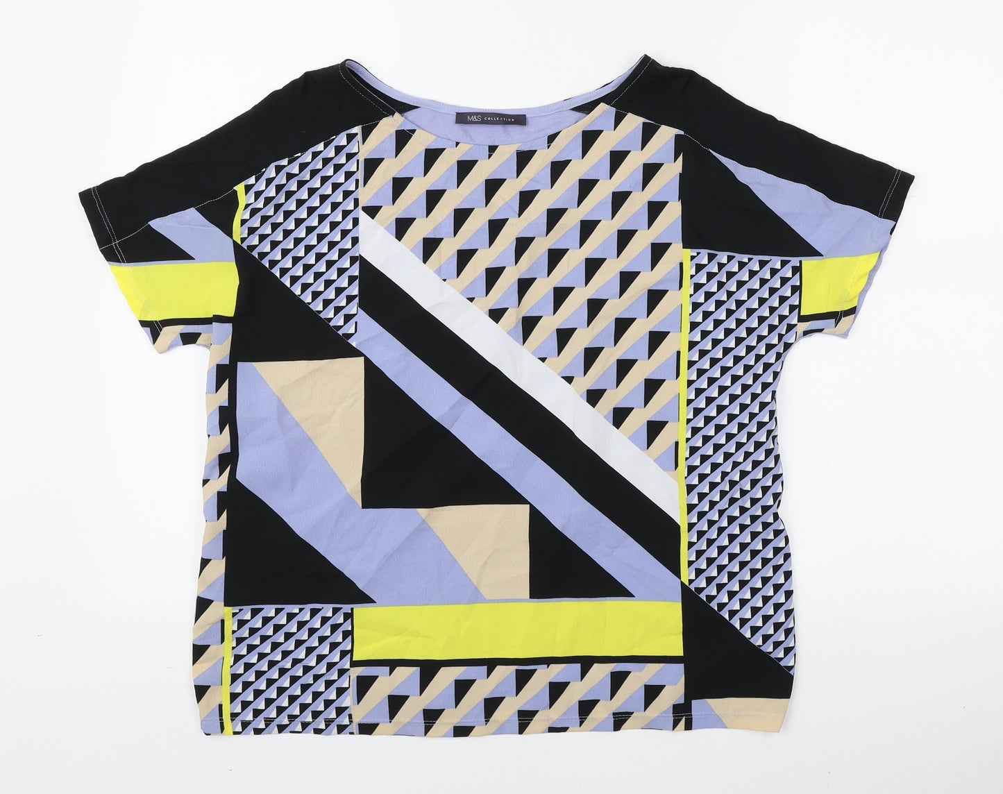 Marks and Spencer Womens Multicoloured Geometric Polyester Basic T-Shirt Size 14 Round Neck
