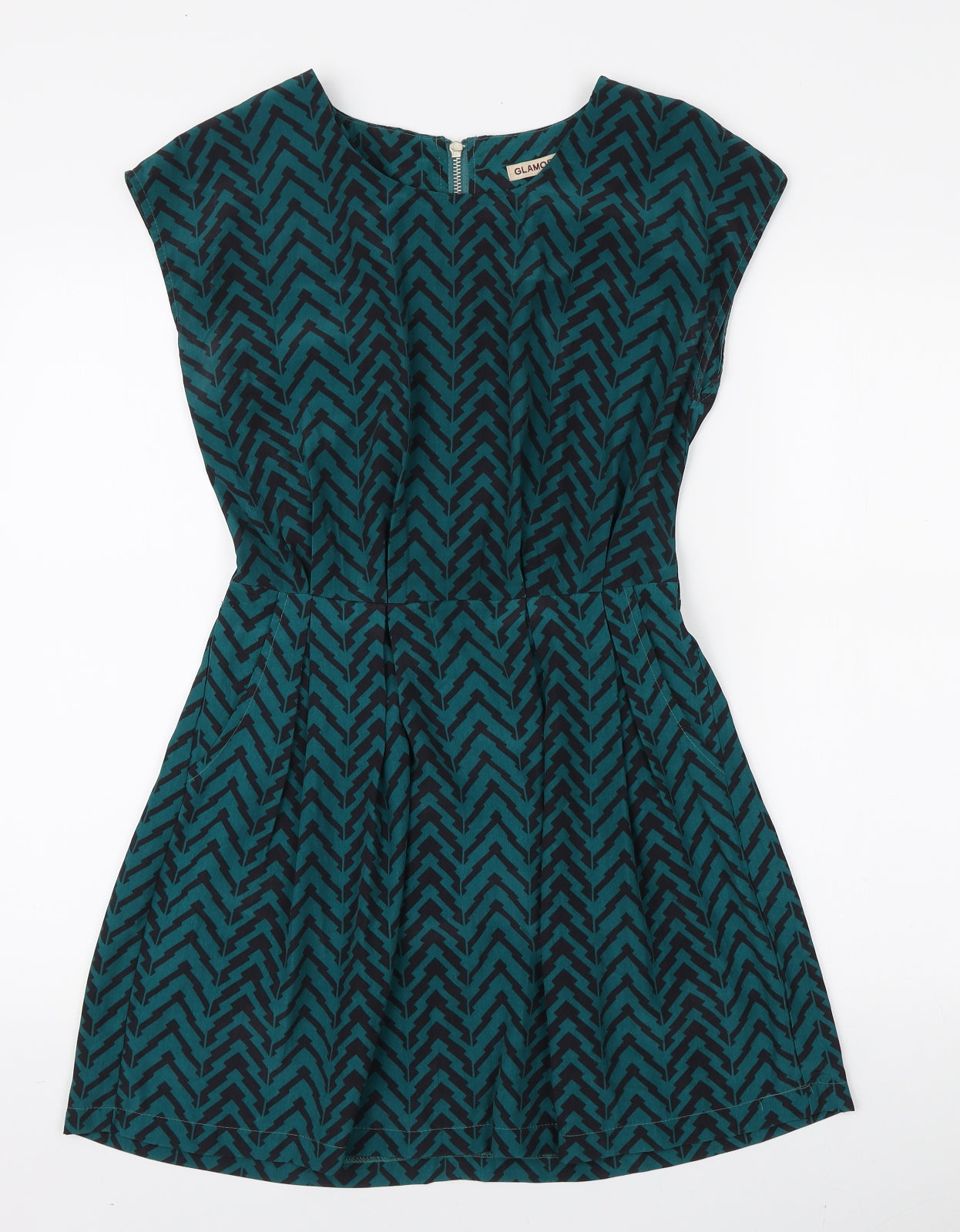 Glamorous Womens Blue Geometric Polyester Skater Dress Size 8 Round Neck Zip