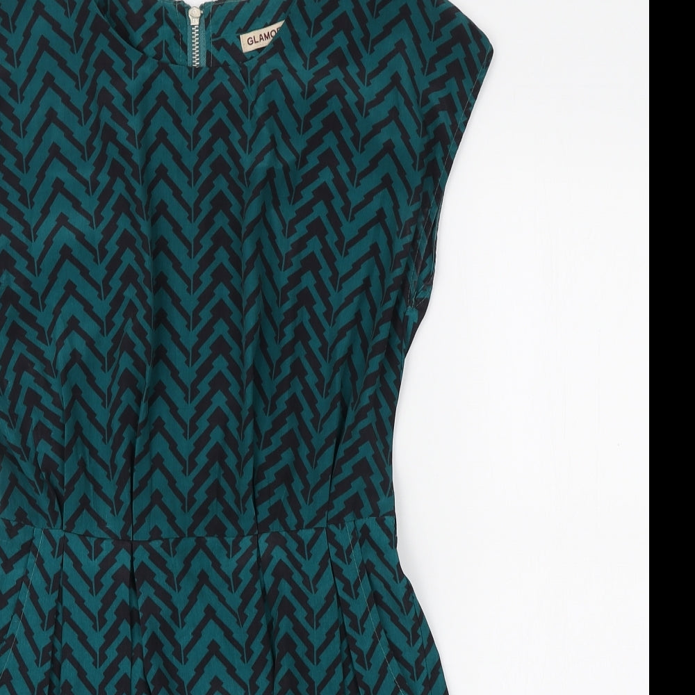 Glamorous Womens Blue Geometric Polyester Skater Dress Size 8 Round Neck Zip