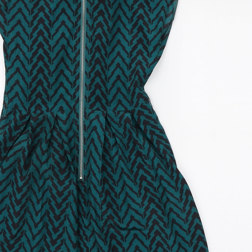 Glamorous Womens Blue Geometric Polyester Skater Dress Size 8 Round Neck Zip