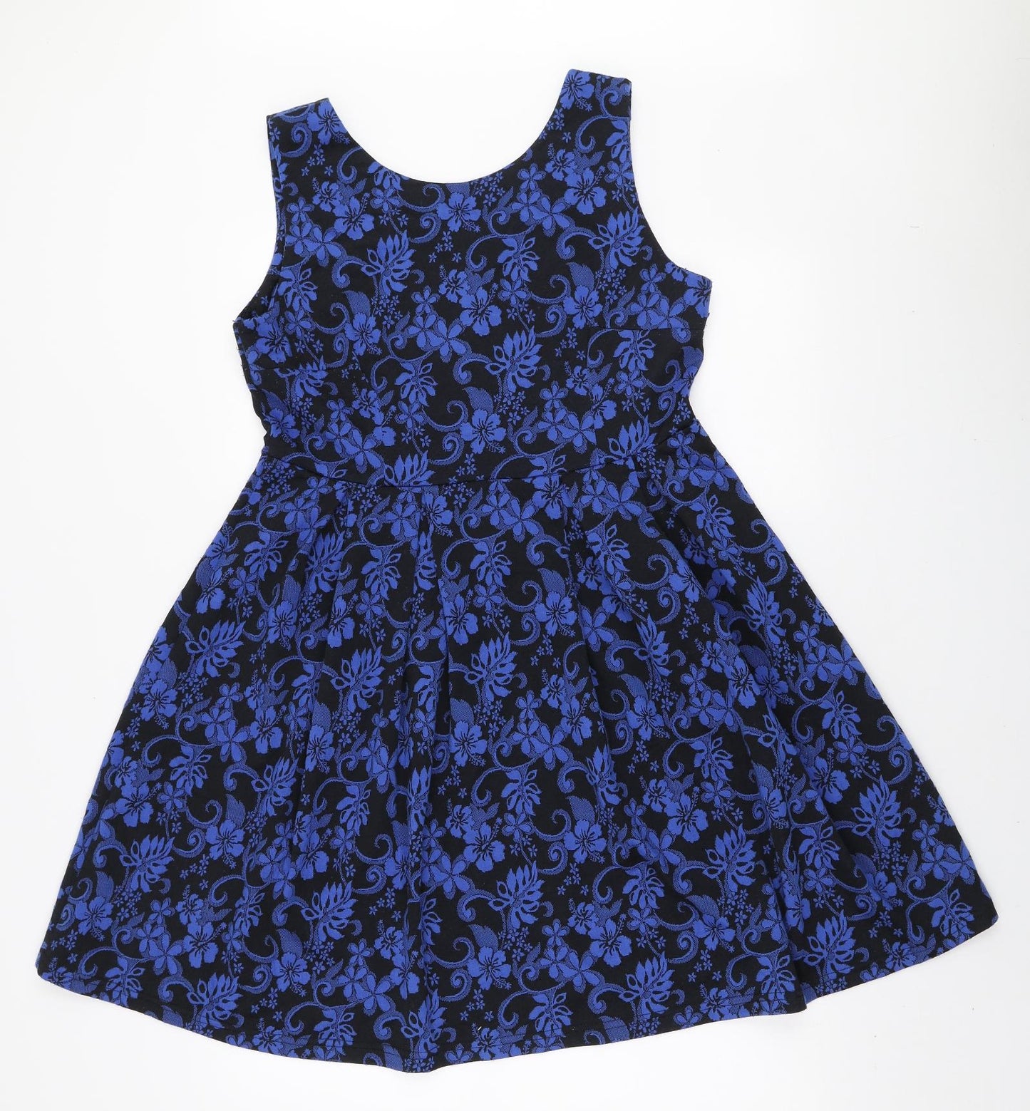 Frock Me Womens Blue Floral Polyester Skater Dress Size 14 Round Neck Zip