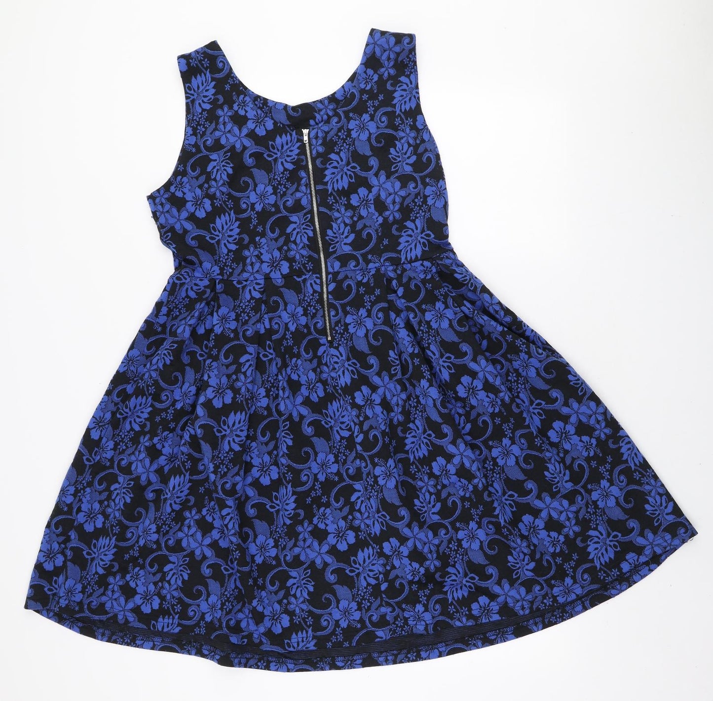 Frock Me Womens Blue Floral Polyester Skater Dress Size 14 Round Neck Zip