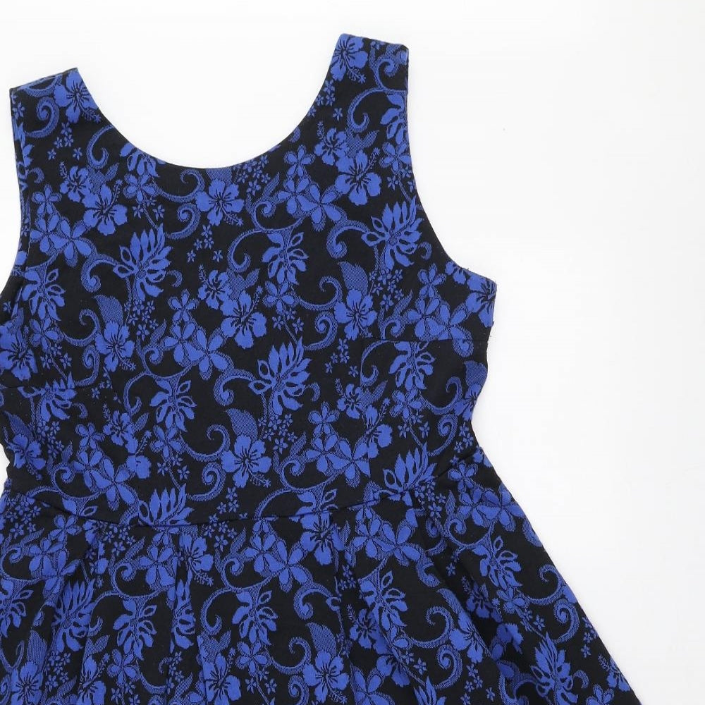 Frock Me Womens Blue Floral Polyester Skater Dress Size 14 Round Neck Zip