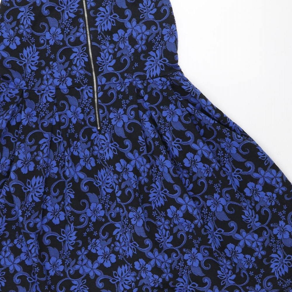 Frock Me Womens Blue Floral Polyester Skater Dress Size 14 Round Neck Zip