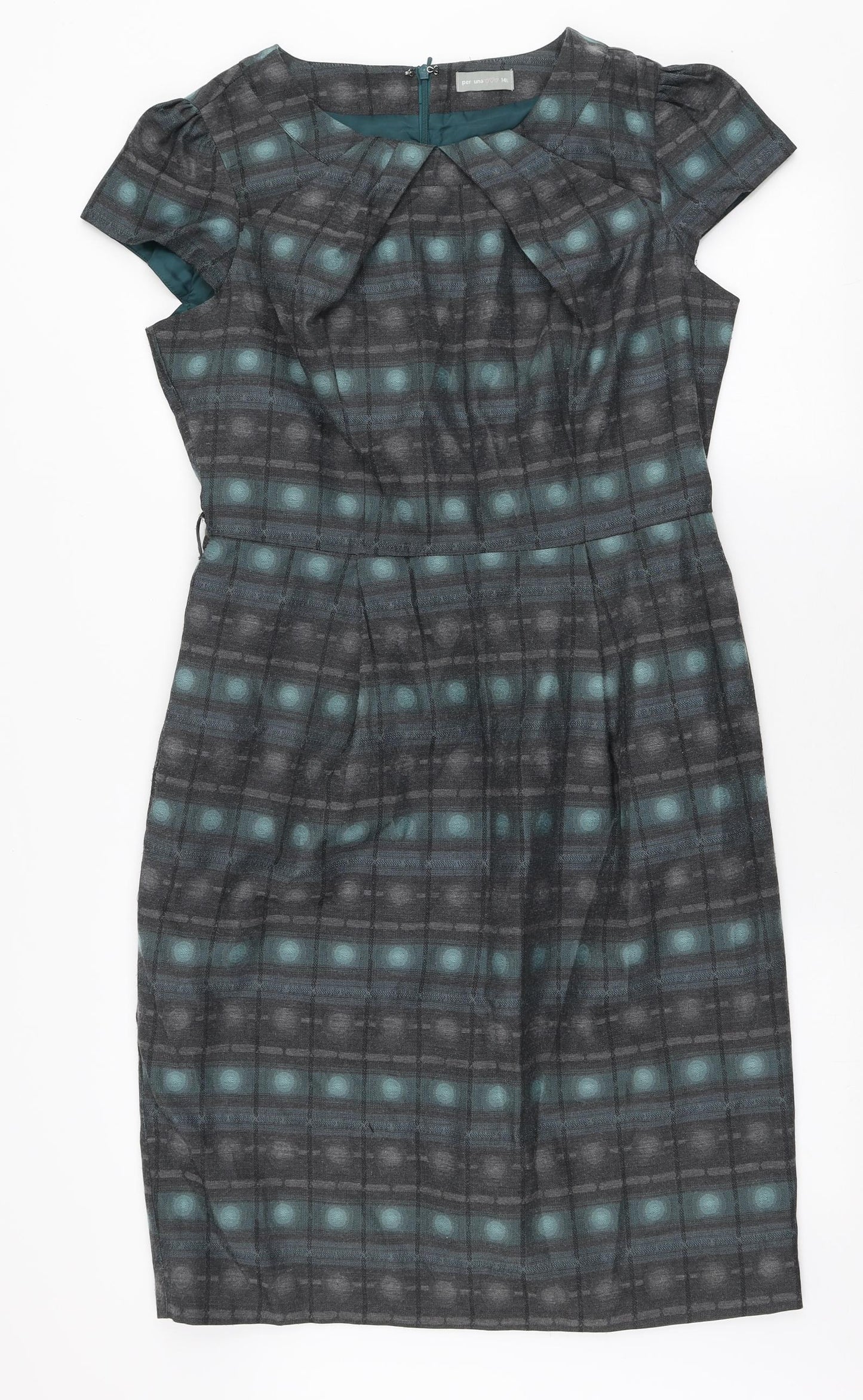 Marks and Spencer Womens Grey Geometric Polyester Pencil Dress Size 14 Round Neck Zip