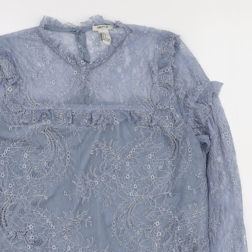FOREVER 21 Womens Blue Polyester Basic Blouse Size S Mock Neck