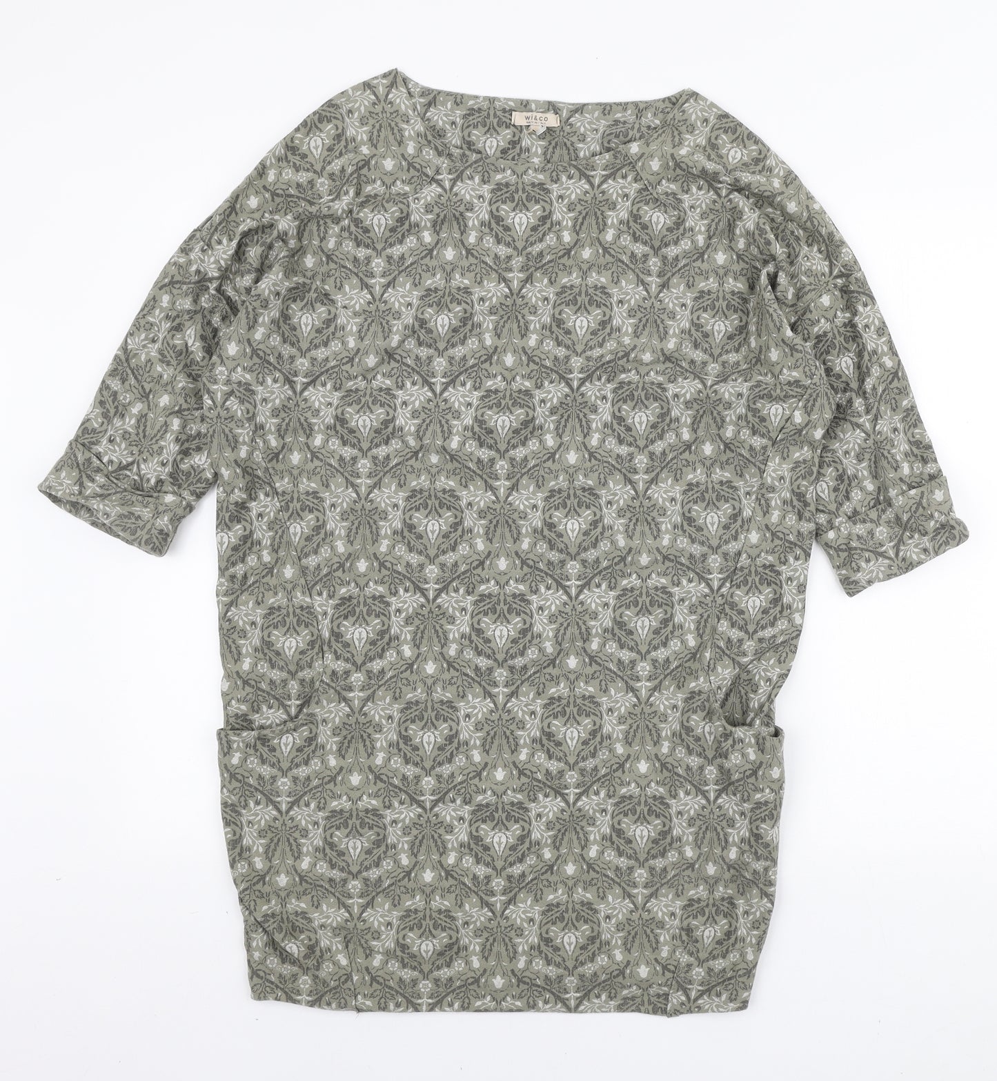 WI&CO Womens Green Geometric Cotton Tunic Blouse Size S Boat Neck