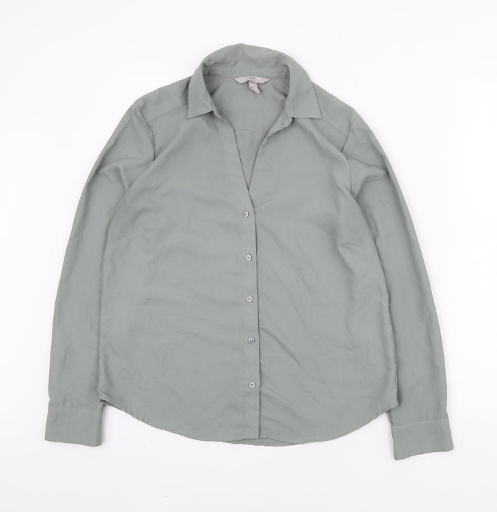 H&M Womens Green Polyester Basic Button-Up Size S Collared