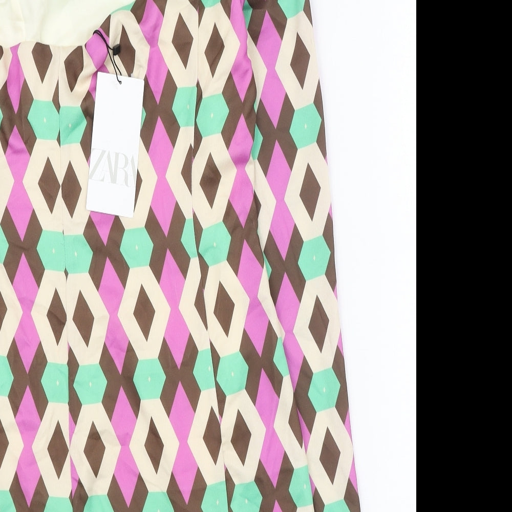 Zara Womens Multicoloured Geometric Polyester A-Line Size S Round Neck Zip