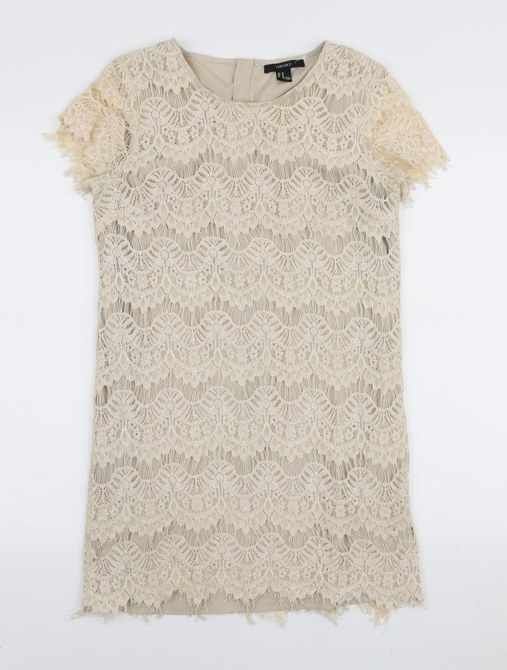 FOREVER 21 Womens Ivory Rayon Mini Size 10 Round Neck Zip