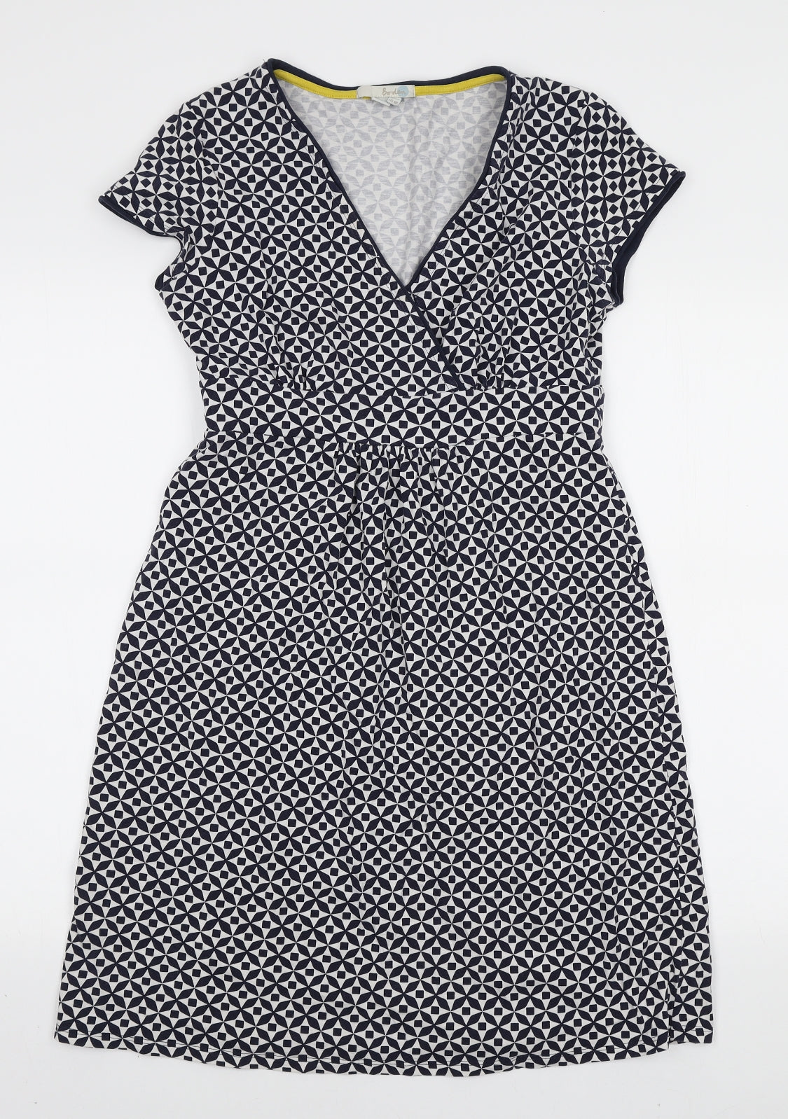 Boden Womens White Geometric Cotton A-Line Size 10 V-Neck Pullover