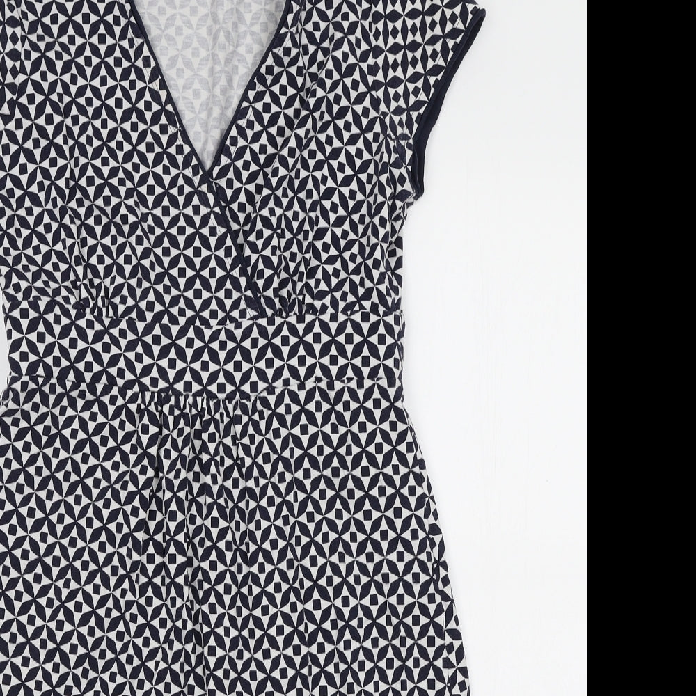 Boden Womens White Geometric Cotton A-Line Size 10 V-Neck Pullover
