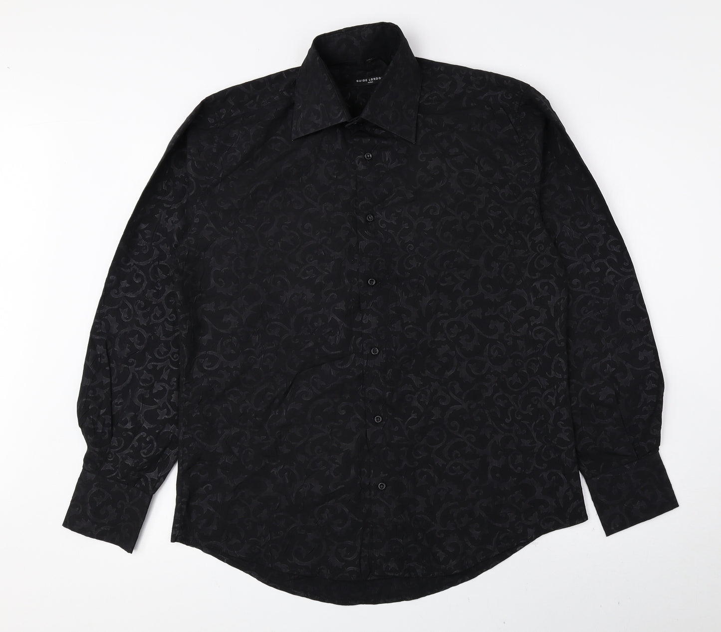 Guide London Mens Black Floral Polyester Button-Up Size M Collared Button