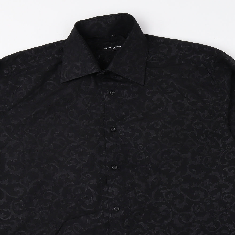 Guide London Mens Black Floral Polyester Button-Up Size M Collared Button