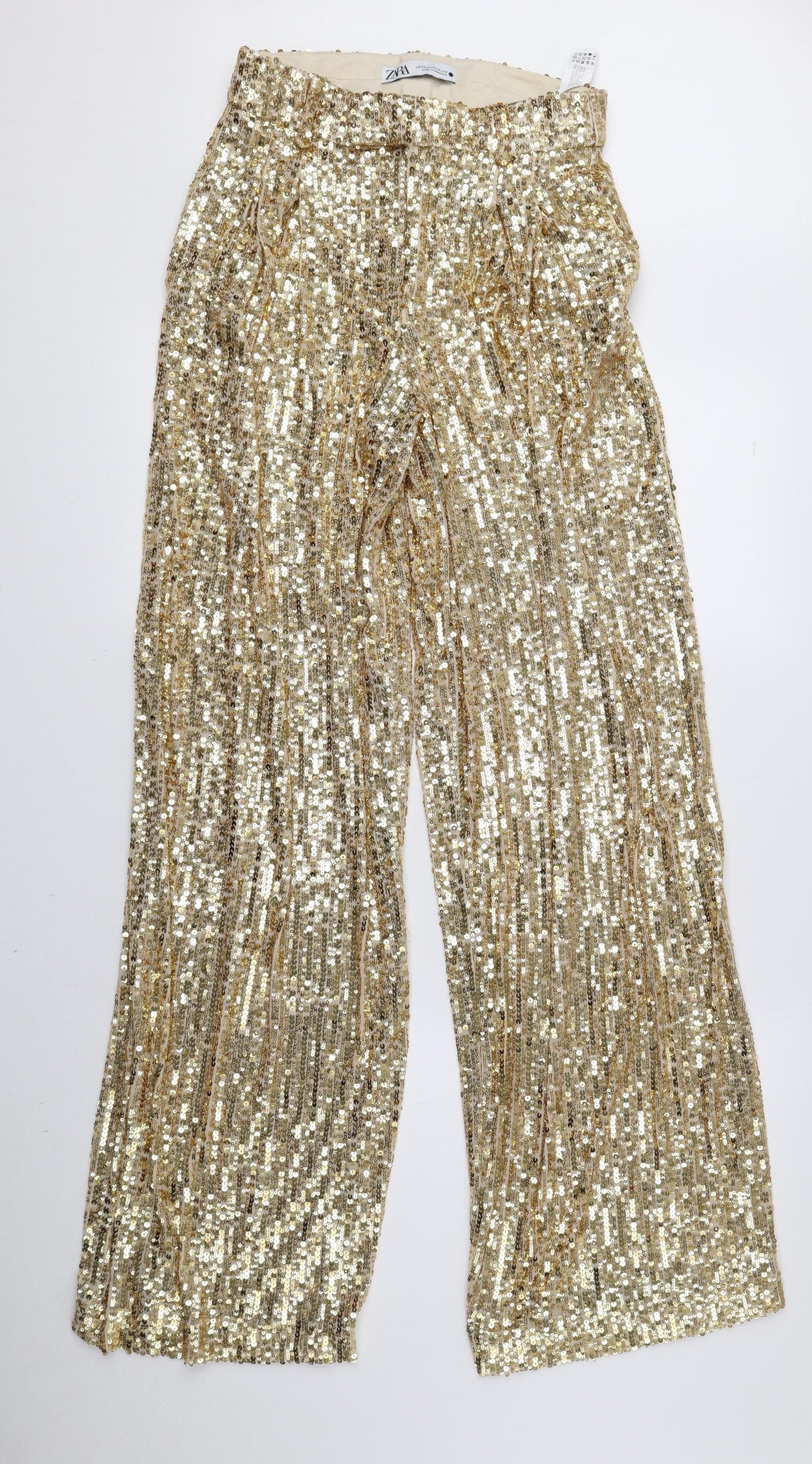 Zara Womens Gold Polyester Trousers Size 4 L32 in Regular Zip