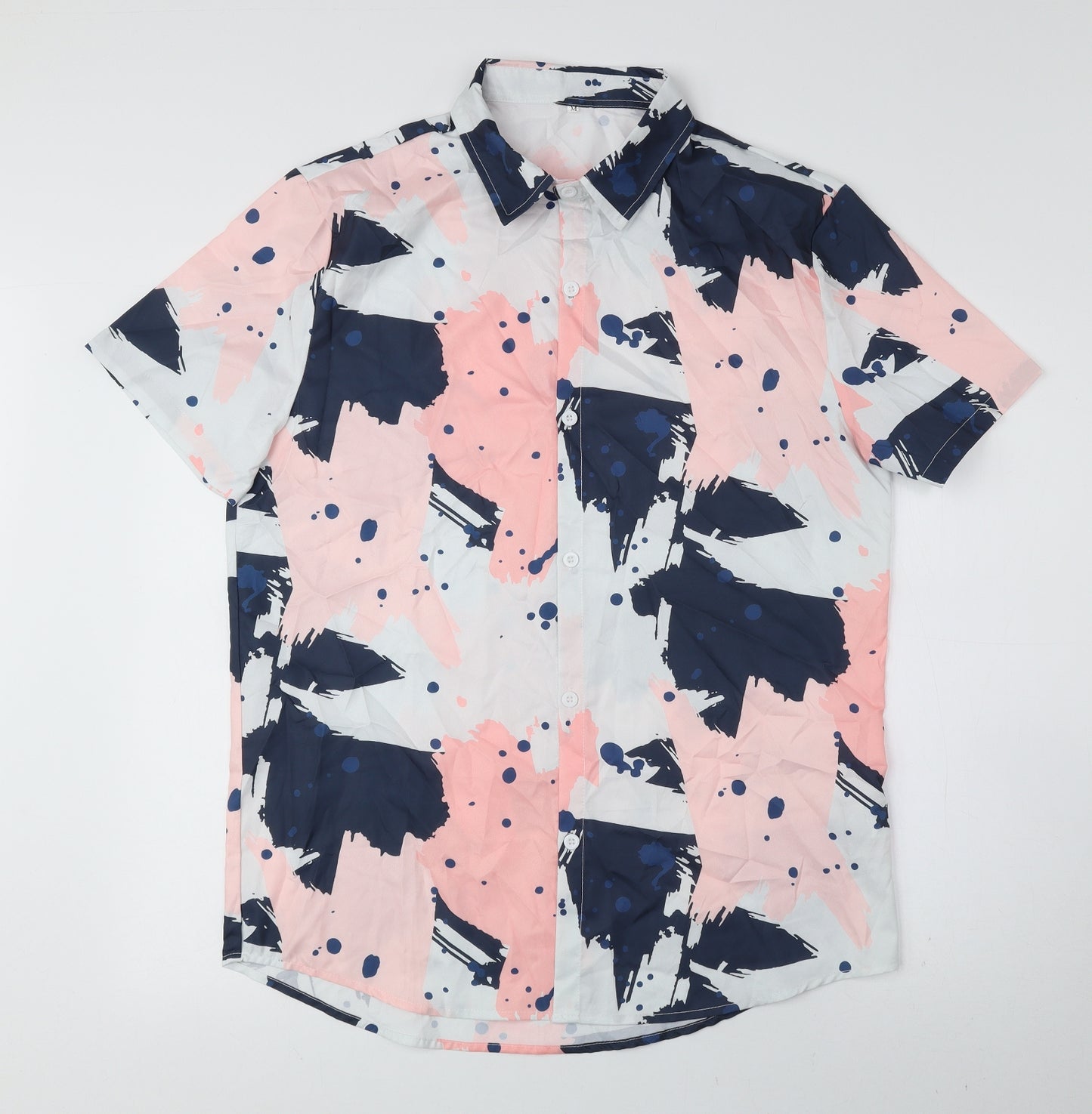 Preworn Mens Multicoloured Geometric Polyester Button-Up Size M Collared Button