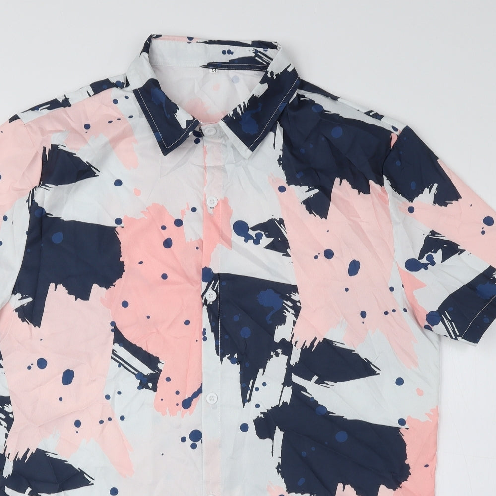 Preworn Mens Multicoloured Geometric Polyester Button-Up Size M Collared Button