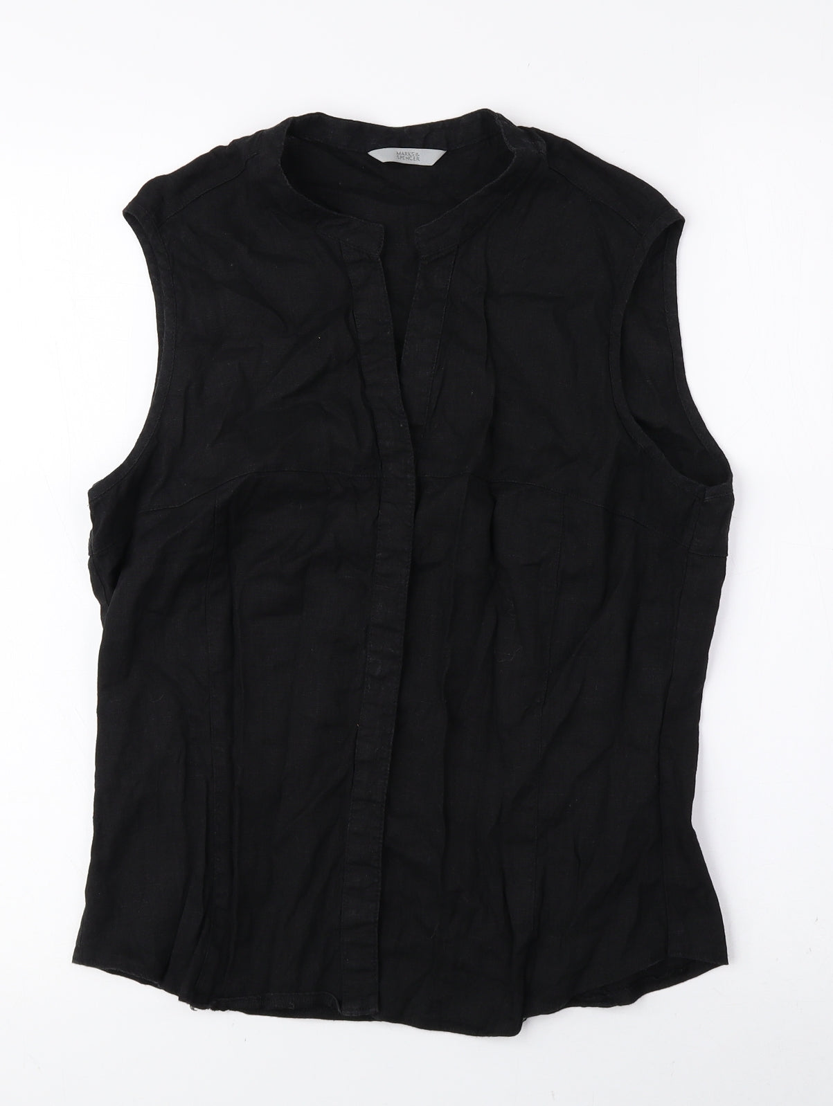 Marks and Spencer Womens Black Linen Basic Tank Size 14 V-Neck