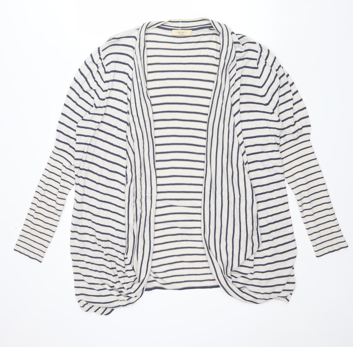 Oui Womens Blue V-Neck Striped Viscose Cardigan Jumper Size 18