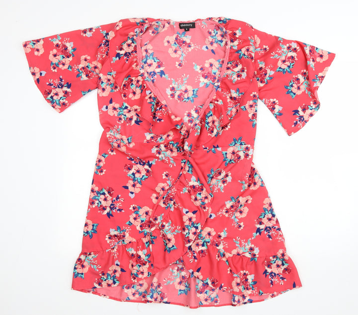 Chamistry Womens Pink V-Neck Floral Polyester Cardigan Jumper Size 8 - Wrap Tie